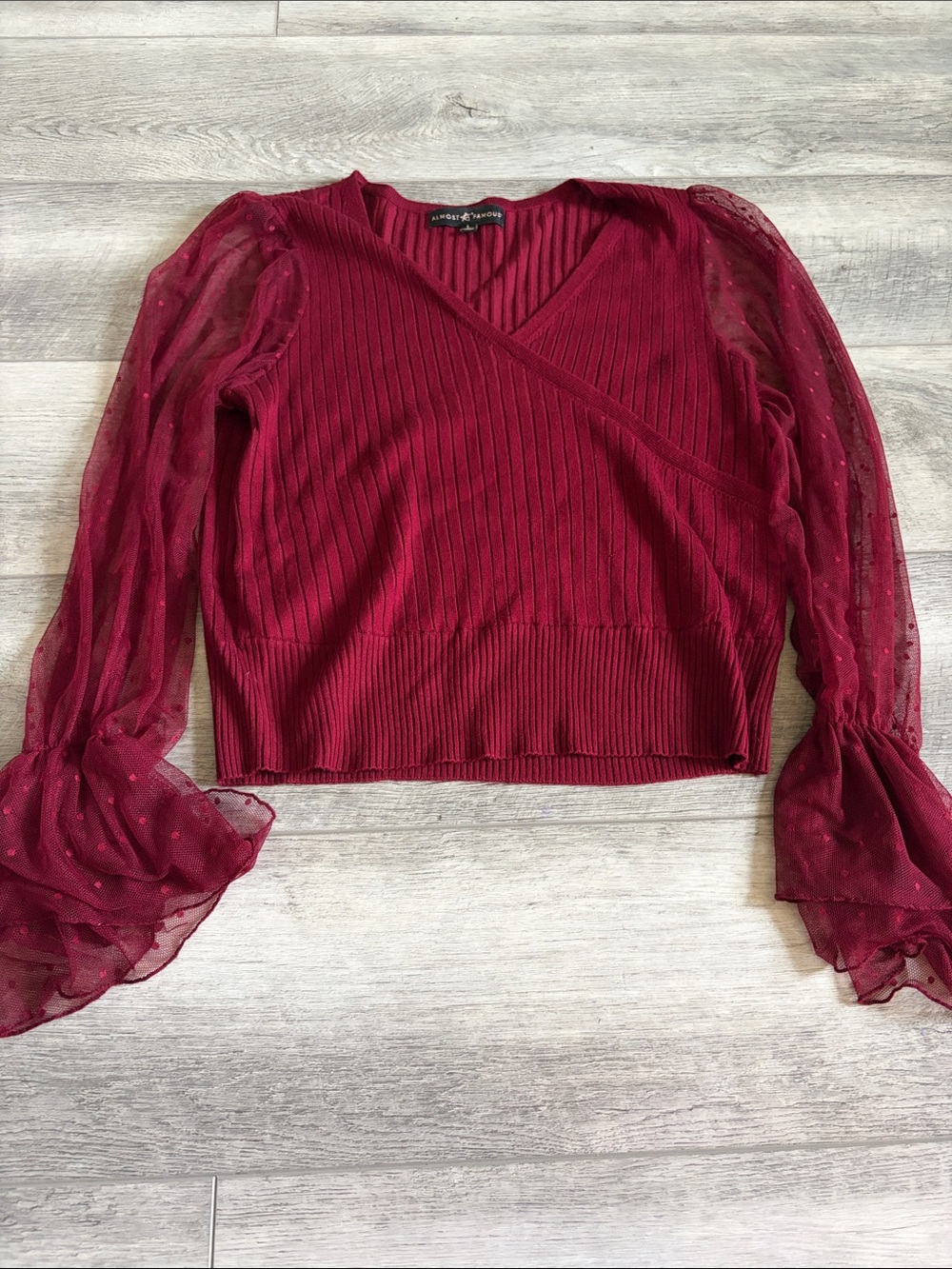 Almost Famous Burgundy V-Neck Ribbed Wrap Top with Sheer Puff Sleeves